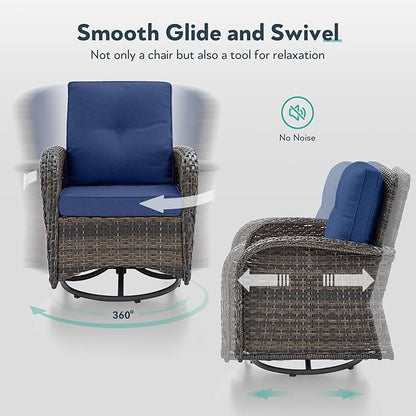 7 Piece Patio Furniture Set with Fire Pit Table - Wicker Patio Conversation Set with Swivel Glider, Glider Loveseat, Side Table and 2 Ottomans for Deck Backyard - Brown Wicker Blue Cushion