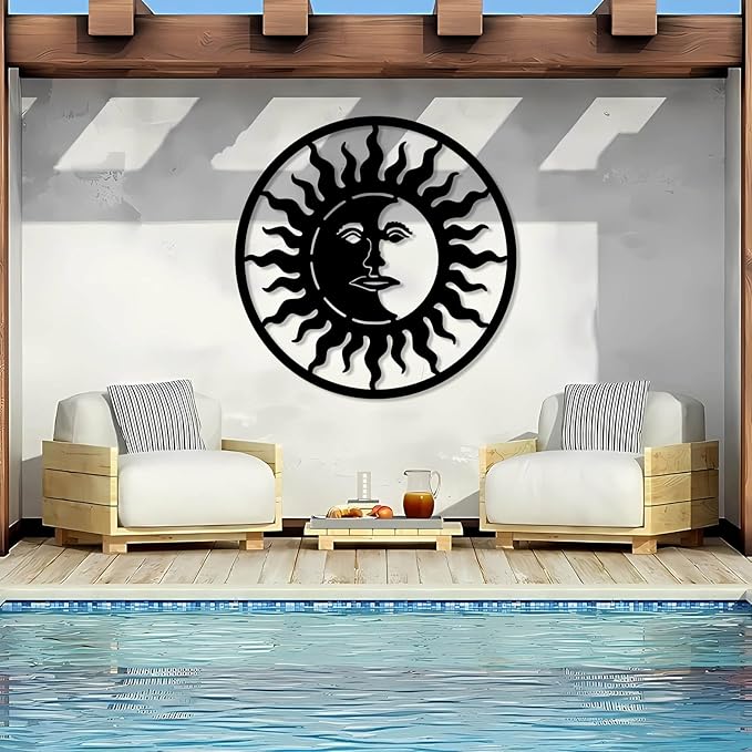 Sun and Moon Wall Decor, Metal Sun and Moon Wall Art, Boho Wall Art, Large Modern Wall Sculpture, Celestial Wall Hanging, Home Decor, Indoor Outdoor Wall Decor (Black, 28"x28"|70x70cm)