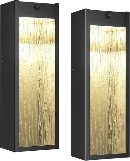 Motion Sensor LED Outdoor Wall Light Fixtures 2 Pack, Modern Dusk to Dawn Sensor Porch Outdoor Lighting, Black 15 Inch Water Ripple Exterior Wall Sconce, LED Outside Lantern for Garage Front Door