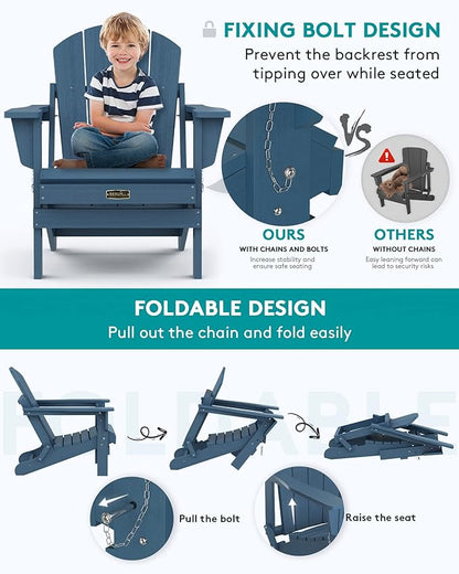 SERWALL Folding Adirondack Chair Patio Chair Lawn Chair Outdoor Adirondack Chairs Set of 8 Weather Resistant for Patio Deck Garden, Backyard Deck, Fire Pit - Blue