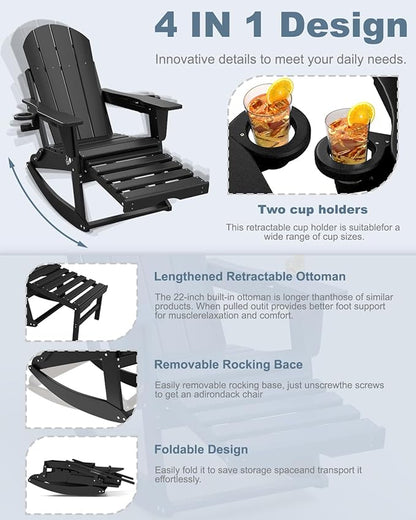 Adirondack Rocking Chairs Set of 4 with Retractable Ottoman, All Weather Folding Adirondack Chair with Two Cup Holders, Adirondack Outdoor Rocking Chairs for Porch, Patio, Balcony. Black