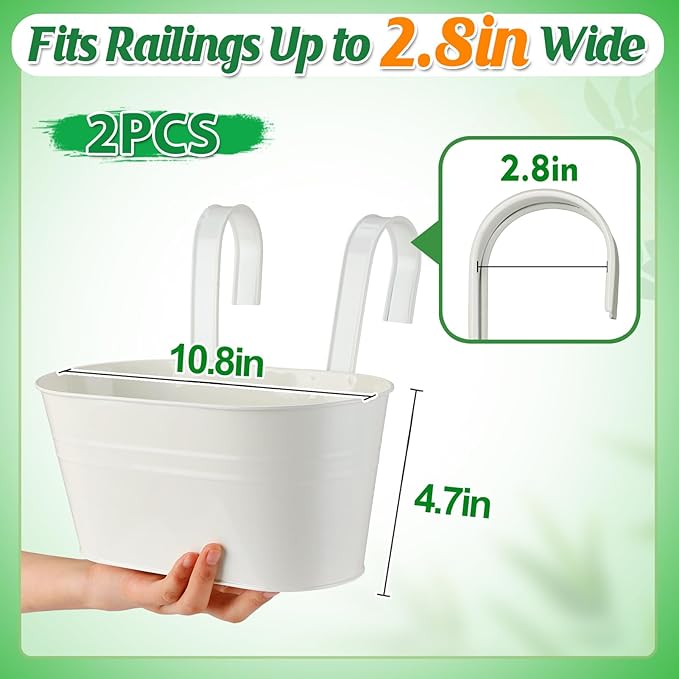 MADHOLLY Railing Planter with Drainage Holes - Sturdy Bucket Pots for Railing Fence, Countryside Style Metal Flower Pots for Herbs Balcony Garden Yard Decor, 2Pcs, White
