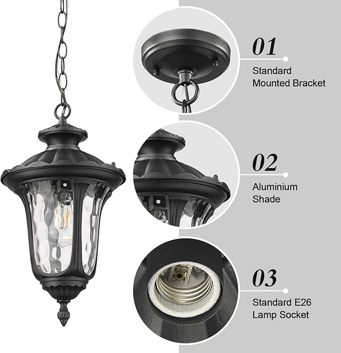 Outdoor Pendant Light for Porch, Exterior Hanging Lantern Outdoor Chandelier in Black Finish for Entryway, Doorway, Farmhouse, Foyer