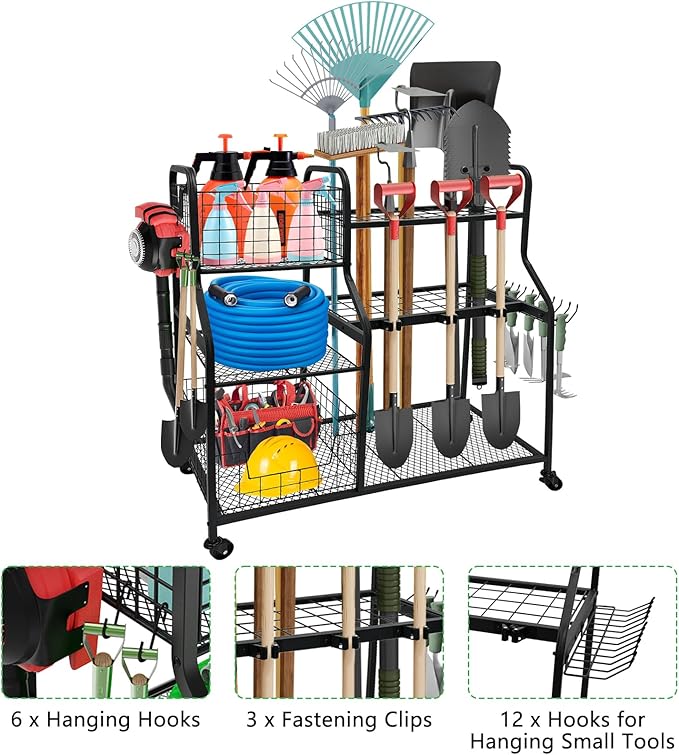 Garden Tool Organizer with 4 Wheels, Garden Tool Rack with 2 Storage Basket, 3 Tier Utility Garden Tool Storage with 12 Hooks for Garage/Yard/Shed/Garage/Basement/Lawn