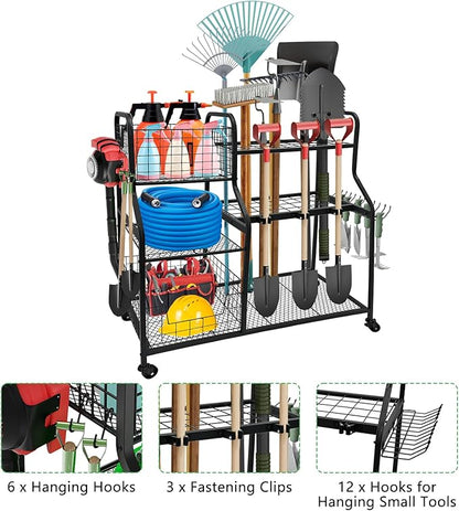 Garden Tool Organizer with 4 Wheels, Garden Tool Rack with 2 Storage Basket, 3 Tier Utility Garden Tool Storage with 12 Hooks for Garage/Yard/Shed/Garage/Basement/Lawn