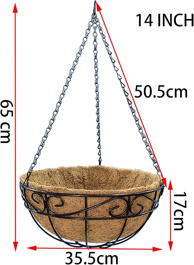 14 inch Metal Hanging Baskets For Plants Outdoor 4 Pack Round Metal Wire Hanging Basket Planter with Coco Fiber Liners Chain Round Wire Plant Holder for Garden, Patio, Deck, Porch Plants Flower Potss