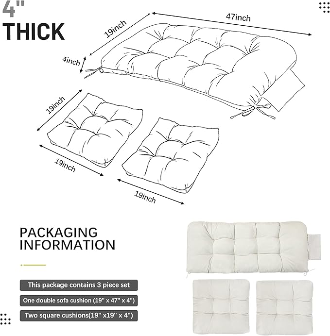 3 Pcs Wicker Chair Cushions Patio Loveseat Chaise Cushion Set - 1200D 47x19*4 Inch Waterproof Wicker Bench Cushions with 2 19x19x4 Inch Chair Cushions for Garden Porch Wicker Patio Furniture(White)