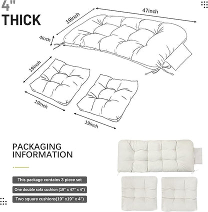 3 Pcs Wicker Chair Cushions Patio Loveseat Chaise Cushion Set - 1200D 47x19*4 Inch Waterproof Wicker Bench Cushions with 2 19x19x4 Inch Chair Cushions for Garden Porch Wicker Patio Furniture(White)