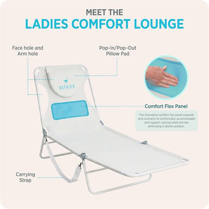 Ostrich the Ladies Comfort Lounger with Chest Support, Foldable and Portable Reclining Outdoor Patio Beach Lawn Camping Pool Tanning Chair, White