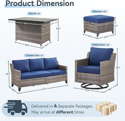 Patio Furniture Set with 42.5" Fire Pit Table-6 Pieces All Weather Wicker Outdoor Furniture with High Back Swivel Patio Chairs Set of 2 Outdoor Couch for Deck Balcony Backyard Blue/Gray