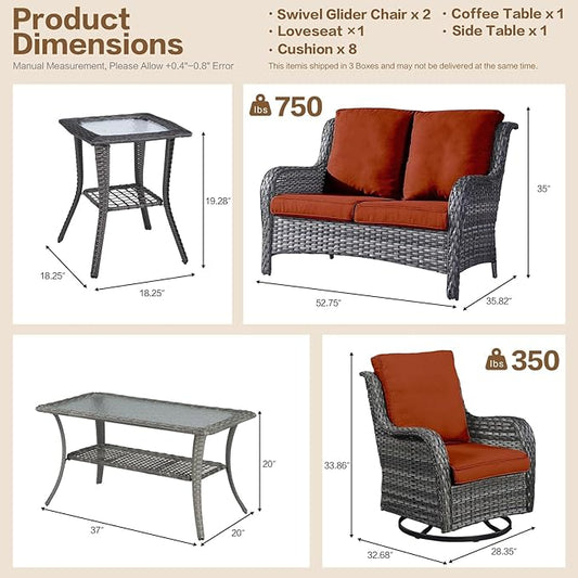 5 Pieces Outdoor Patio Furniture Conversation Set PE Rattan Wicker with 2 Swivel Glider Rocker Chairs, 2 Coffee Table and 1 Loveseat for Yard Backyard Poolside (Grey/Orange)