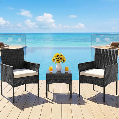 DUMOS 3 Piece Patio Furniture Set, All-Weather Outdoor Wicker Chairs with Removable Cushions & Tempered Glass Table, Small Bistro Set for Porch, Balcony, Lawn, Backyard Black