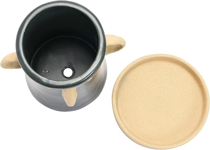 Creative Co-Op Stoneware Face Planter with Saucer, Set of 2, Matte Black and Cream, 9"