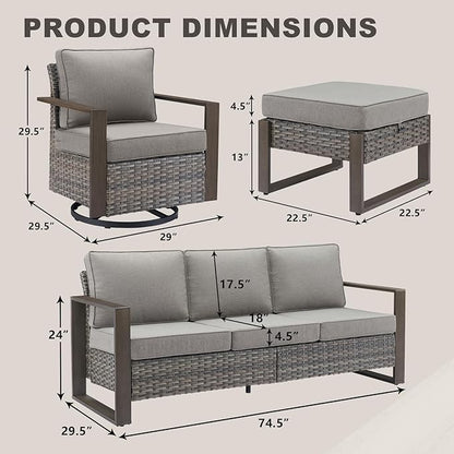 Rilyson Outdoor Wicker Patio Furniture Set - 5 Piece Patio Conversation Set with 2 Wicker Swivel Rocker Chairs,2 Rattan Ottoman and 1 Couch,Thick Cushions,Deep Seating,Wide Armrest(Mixed Grey/Grey)