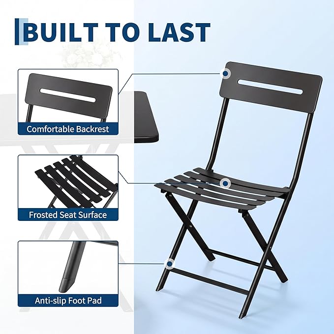 GarveeTech 3-Piece Folding Bistro Set, Heavy Duty Outdoor Patio Furniture with 2 Chairs & 1 Table, Weather-Resistant Steel Frame, No Assembly Required for Garden, Yard, Balcony,Black