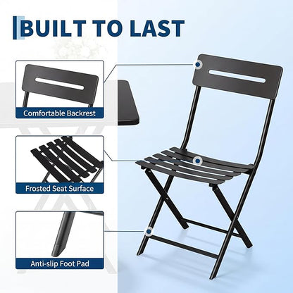 GarveeTech 3-Piece Folding Bistro Set, Heavy Duty Outdoor Patio Furniture with 2 Chairs & 1 Table, Weather-Resistant Steel Frame, No Assembly Required for Garden, Yard, Balcony,Black