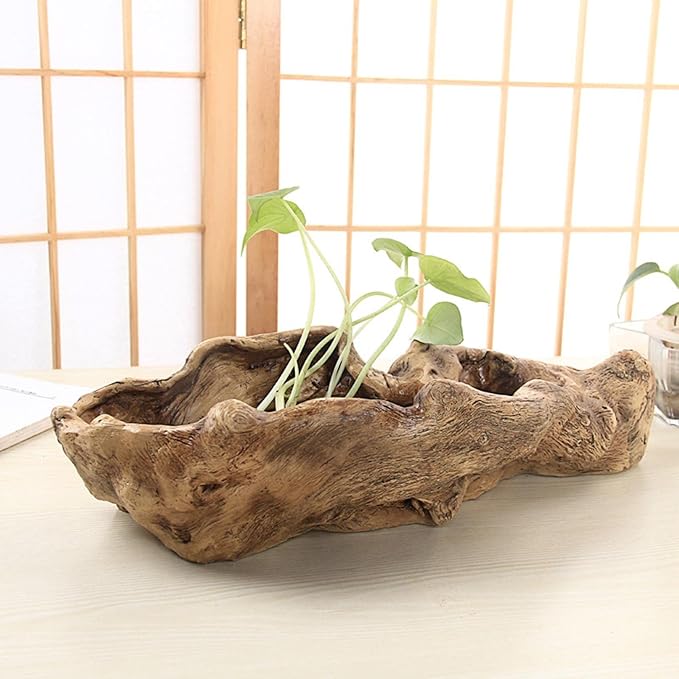 Driftwood Stump Log Resin Planter, Succulent Pot with Drainage Hole for Small Plants, Bonsai, Cactus, Indoor Outdoor Decor (Yellow)