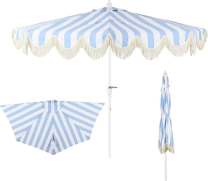 JONATHAN Y Half Umbrella UMB1201J Beverly 9 ft. Designer Classic Scalloped Fringe Market Patio with Crank, Tilt Button and UV Protection in Light Blue/White, White Pole