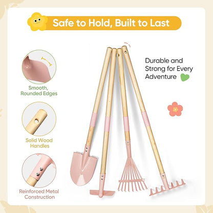 Kids Gardening Set with Wheelbarrow, 11-Piece Outdoor Yard, Beach, STEM Garden Play Kit with Child-Sized Tools, Durable, Safe & Fun Gift Toy for Ages 2+ Kids Toddlers Boys Girls (Pink)