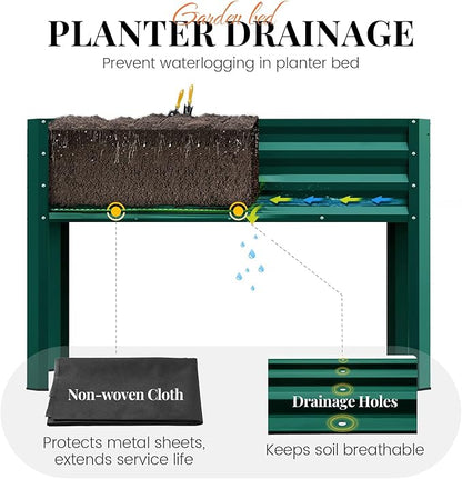 KING BIRD Large Raised Garden Bed with Legs & Storage Shelf Galvanized Elevated Planter Box for Backyard, Patio, Balcony, 400lb Capacity, Green 48×24×31.5 in