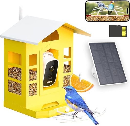 Metal AI Bird Feeder Camera w/ 32GB - Solar Powered, 2K Auto Rec & Live View, Identifies 10000+ Birds
