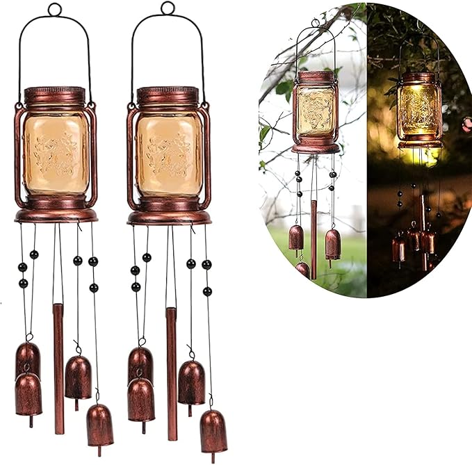2 Pack Solar Wind Chimes for Outside for Mom Women Grandma,Solar Mason Jar Wind Chime Light Unique Hanging Wind Chimes Outdoor,IP65 Waterproof, Yard Garden Terrace Courtyard