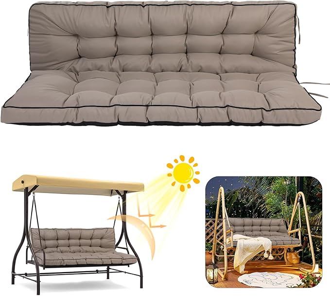 2/3 Seater Swing Replacement Cushion, Waterproof Porch Swing Cushions with Backrest, Thickened Bench Cushions for Outdoor Furniture, for Outdoor Patio Swing (Khaki, 55 * 40in)