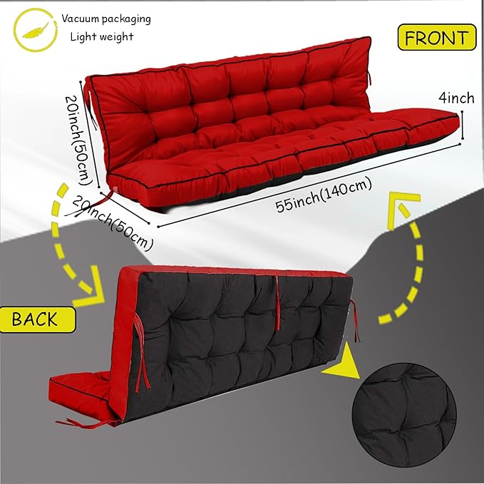 Porch Swing Cushion Three Seat, Waterproof Swing Cushions Replacement with Backrest, Outdoor Garden Furniture Patio 4" Thickened Cushions with Ties (Red, 40 x 55in)