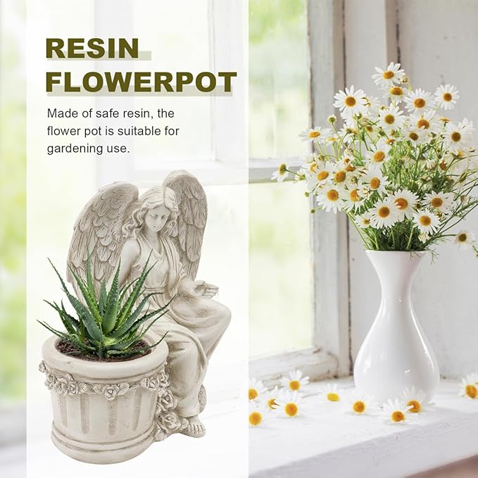 Hemoton 1Pc Artistic Flower Pot Creative Vintage Style Angel Planter Statue for Home Decor Garden Ornament Decorative Outdoor Flowerpot for Lawn and Patio Beige