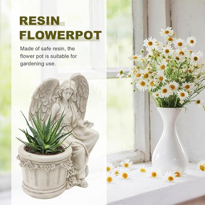 Hemoton 1Pc Artistic Flower Pot Creative Vintage Style Angel Planter Statue for Home Decor Garden Ornament Decorative Outdoor Flowerpot for Lawn and Patio Beige