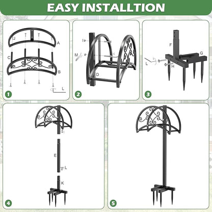 OLV Garden Hose Holder, Heavy Duty Metal Outdoor Water Hose Holder Freestanding Stake with 4 Spikes Holds 150-ft Pipe, Detachable Decorative Hose Stand Hanger Rack for Outside Yard Lawn Farm