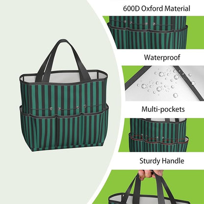 Classic Garden Tool Bag - Waterproof Green Checkered Garden Tote with 8 Pockets, Large Storage Home Organizer Gardening Tool Oxford Bag for Garden Tools Kits Holder, Gardening Gift for Women & Men