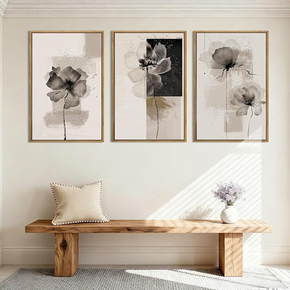 IARTTOP Neutral flower Framed Wall Art 16x24 Inch Black Beige Abstract Floral Canvas Wall Decor Modern Minimalist Flower Paintings for Living Room Bedroom Dining room Set of 3