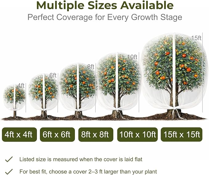 Fruit Tree Netting Cover with Zipper & Drawstring, 2 Packs 10ft x 10ft Insect Bird Barrier Netting for Garden Protection, Ultra Fine Mesh Garden Netting Pest Barrier, Extra Large