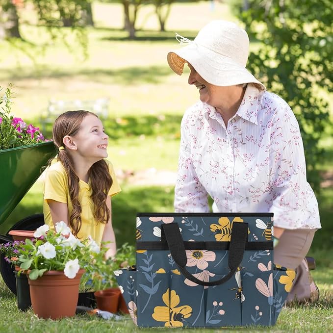Garden Tote Bag with Pockets Bee Flower Gardening Bags for Tools Organizer Heavy Duty Storage Bag with Handle for Lawn Yard Casual