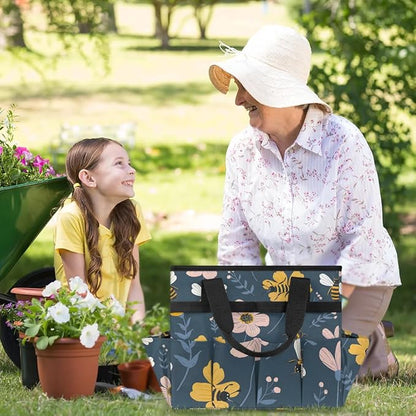 Garden Tote Bag with Pockets Bee Flower Gardening Bags for Tools Organizer Heavy Duty Storage Bag with Handle for Lawn Yard Casual