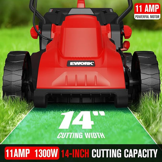 EWORK Corded Electric Lawn Mower 14-Inch, 11Amp Electric Push Mower with 30L Collection Bag, 4-Height Adjustment, Lightweight Lawnmower for Garden, Yard