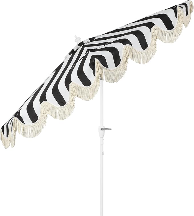 JONATHAN Y Half Umbrella UMB1201H Beverly 9 ft. Designer Classic Scalloped Fringe Market Patio with Crank, Tilt Button and UV Protection in Black/White, White Pole