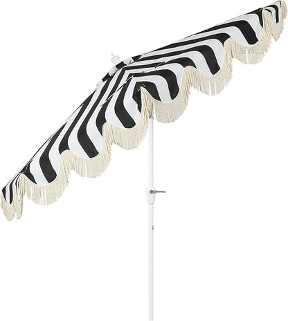 JONATHAN Y Half Umbrella UMB1201H Beverly 9 ft. Designer Classic Scalloped Fringe Market Patio with Crank, Tilt Button and UV Protection in Black/White, White Pole