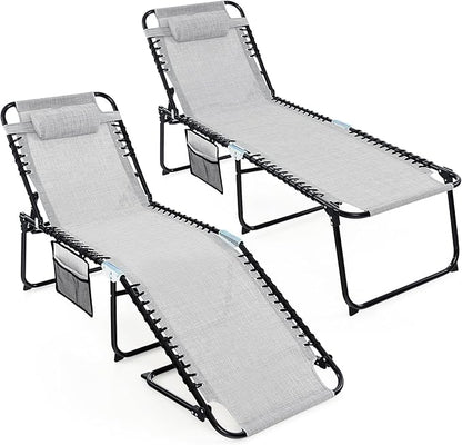 Goplus Chaise Lounge Chair Outdoor, Folding 5-Postion Beach Lounge Chair with Detachable Pillow, Side Pocket, Sunbathing Lounge Chair, Adjustable Tanning Chair for Patio Lawn Pool Yard