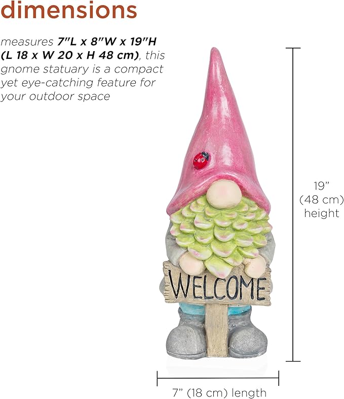 Alpine Corporation QWR1466 Gnome with Red Hat Holding “Welcome” Sign, Stylish Décor for Garden, Patio, & Pathway, 19" H, Multicolor