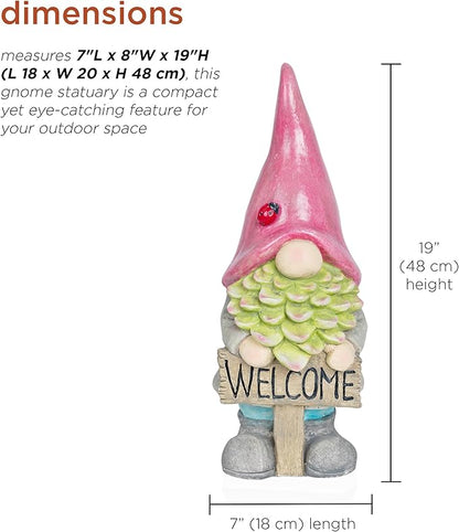 Alpine Corporation QWR1466 Gnome with Red Hat Holding “Welcome” Sign, Stylish Décor for Garden, Patio, & Pathway, 19" H, Multicolor