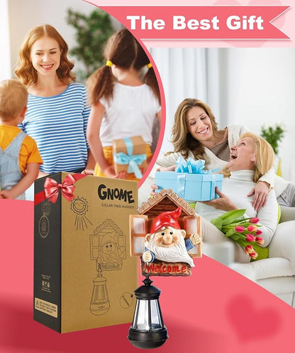 Gnome Tree Hugger with Solar Lantern - 10.6 Inch Resin Gnome Statue for Outdoor Garden Decor, Ideal Gnome Gifts and Gnome Statue Outdoor for Gnome Lovers