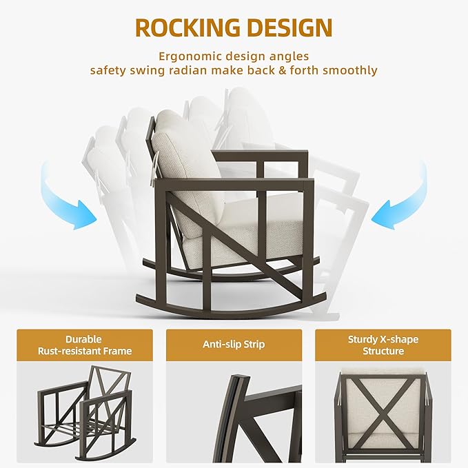 TOLEAD Outdoor Rocking Chair Set, 3 Piece Rocking Patio Furniture Set, Outdoor Patio Furniture Set with 2 Rockers and 1 Table, Patio Rocking Chair Set for Backyard, Porch, Poolside