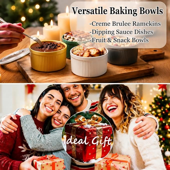 14 oz Ceramic Ramekins with Lids, Set of 4 Oven Safe Porcelain Creme Brulee Ramekins for Baking, Souffle, Pudding, Dessert, Dip, Leftovers & Food Storage, (Multi-color)