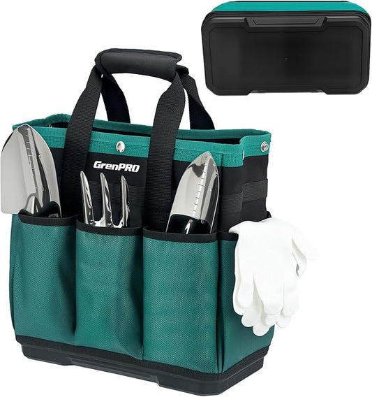 GrenPRO Garden Tool Bag Molded Bottom, Heavy Duty Tool Tote Toolbox with 10 Pockets, Reinforced & Top Snap Closure for Gardening Tools Storage, Dark Green(Tools Not Included)