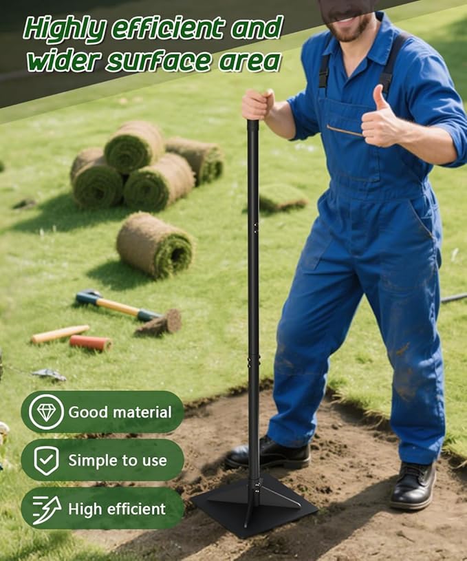 Thickened Garden Steel Tamper with 47 inch Adjustable Handle & Rubber Grip, 10"x10" Heavy Duty Soil Tamper Tool for Ground & Gravel Leveling, Steel Dirt Compactor for Yard, Sand, Driveway