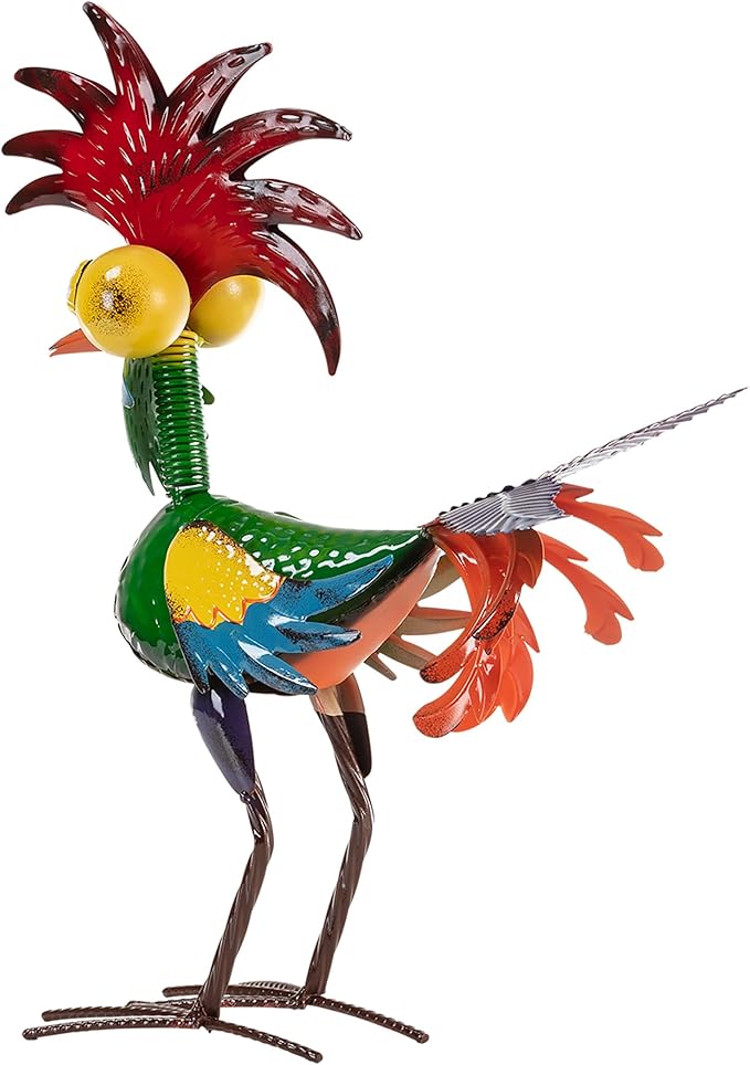 Alpine Corporation | 18" Tall Wacky Metal Rooster Yard Statue – Colorful Indoor/Outdoor Farm Animal Décor for Garden, Patio, Lawn, or Porch