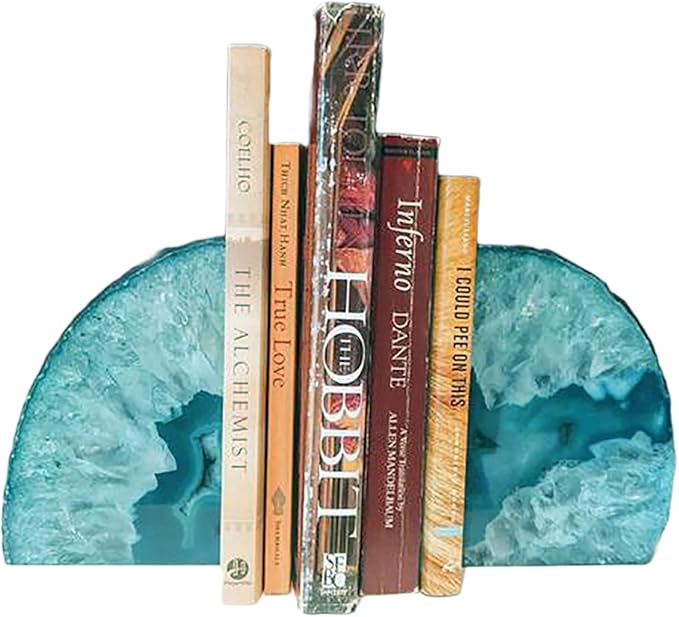 JIC Gem Teal Agate Bookends Heavy Duty Book Ends for Shelves Geode Book Ends with Rubber Bumpers for Office Décor and Home Decoration(1 Pair, 2-3 LBS)