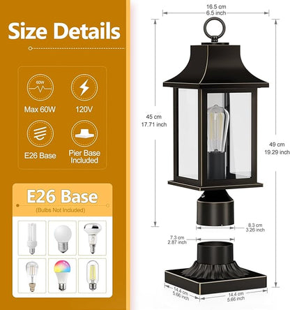 Dusk to Dawn Outdoor Post Light Hardwired 120V, 19.29" Oil Rubbed Bronze Lamp Post Light Fixture with Pier Mount Base, Waterproof Aluminum Pole Light for Yard, Patio, Garden, Pathway